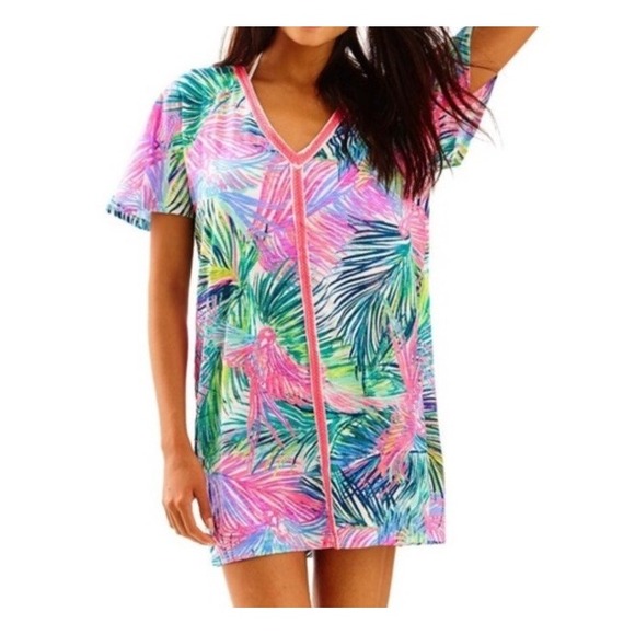Lilly Pulitzer Scarlet Macaw Bonita Coverup V-Neck Cotton Tee Dress Size Large - Picture 3 of 10